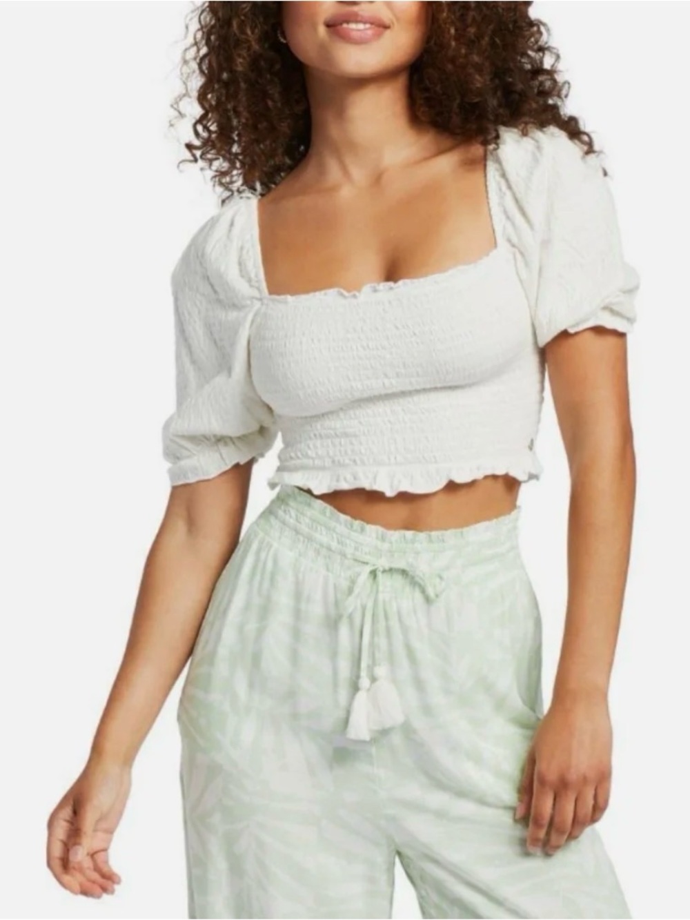 American Eagle Shirred White Top with Puff Sleeves